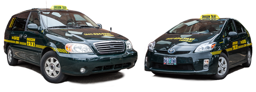Oregon Taxi van and Prius fleet, branded green livery with checker side panel